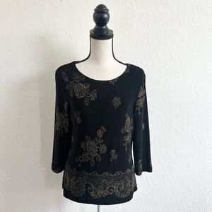 VINTAGE The Travel Collection Black Gold Floral Top 3/4 Sleeve Medium USA VTG